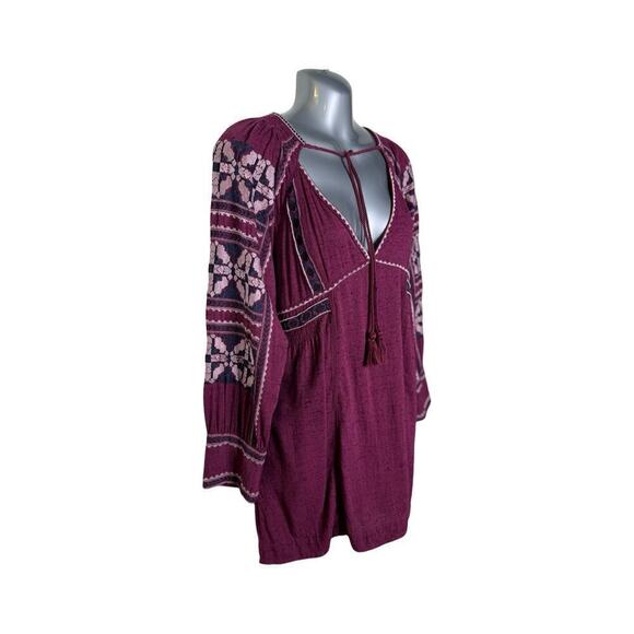 Free People All My Life Wine Embroidered Smocked Mini Dress Women’s XS Boho Chic - Picture 5 of 13